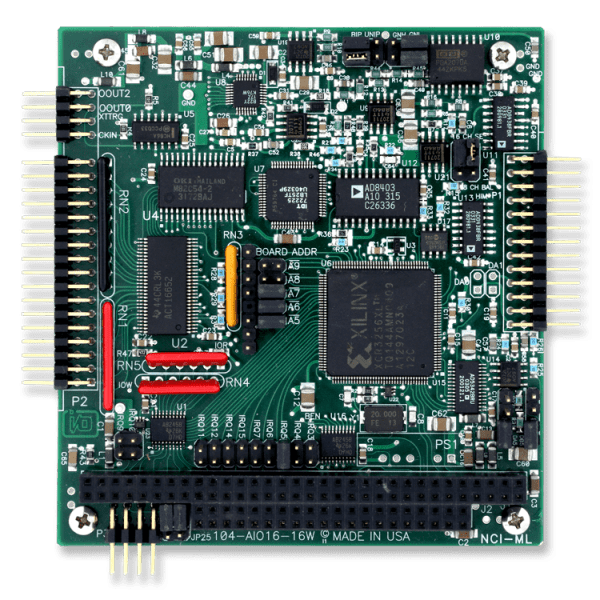 104-AIO16A  -   16-Bit, 16-Channel, PC/104 Multifunction Analog I/O Boards. PC/104, 16/8 AI, 2 12-bit AO, 16 DIO, up to 500KHz
