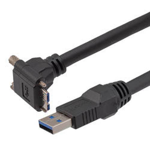 USB High Flex Drag Chain Cable, Type A Male Plug to Right Angle Down Micro Type B Male Plug, Vision Thumbscrews, VW-1 PVC, Black, 1.5m