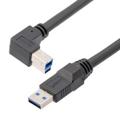 High Flex Drag Chain USB 3.0 Assembly, Type A Male Plug to Right Angle Left Exit Type B Male Plug, 28/26/22AWG, 20276 VW-1 PVC, Black, 1m