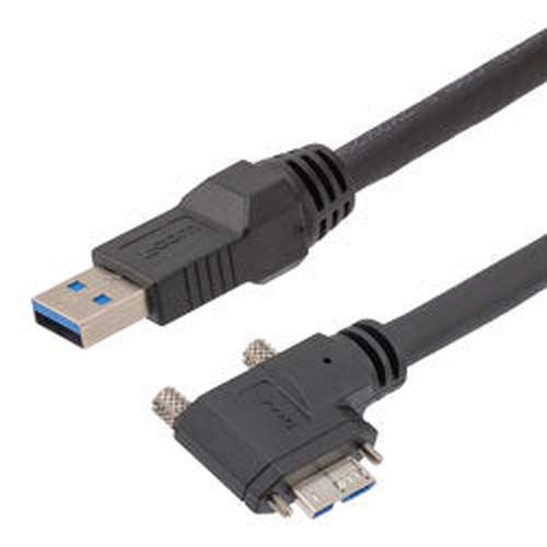 USB High Flex Drag Chain Cable, Type A Male Plug to Right Angle Left Micro Type B Male Plug, Vision Thumbscrews, VW-1 PVC, Black, 2.0m
