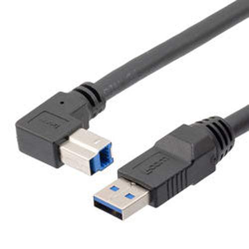 High Flex Drag Chain USB 3.0 Assembly, Type A Male Plug to Right Angle Up Exit Type B Male Plug, 28/26/22AWG, 20276 VW-1 PVC, Black, 2.5m