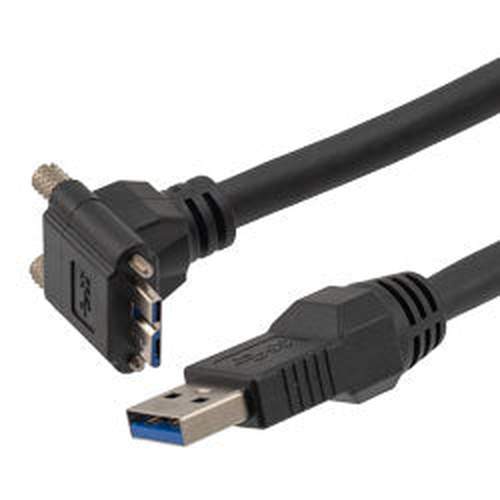 USB High Flex Drag Chain Cable, Type A Male Plug to Right Angle Up Micro Type B Male Plug, Vision Thumbscrews, VW-1 PVC, Black, 1.0m