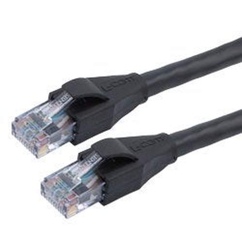 Category 5e Ethernet Cable Assembly, UTP Outdoor Industrial CMX-CMR-PLTC-2463 PVC, RJ45 Male, 22AWG Solid 300V PoE, Black, 150FT