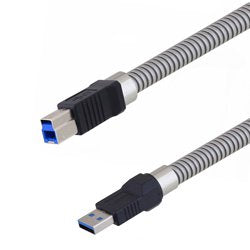 Metal Armored USB 3.0 Cable Assembly A Male Plug to B Male Plug, 28/26/22AWG, Stainless Steel Armor, 3.0M