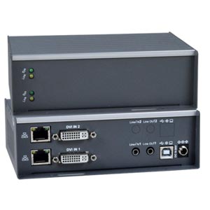 Dual Monitor DVI USB KVM Extender with Video Wall Support Over IP via Two CAT6/7 Cables, Local Unit